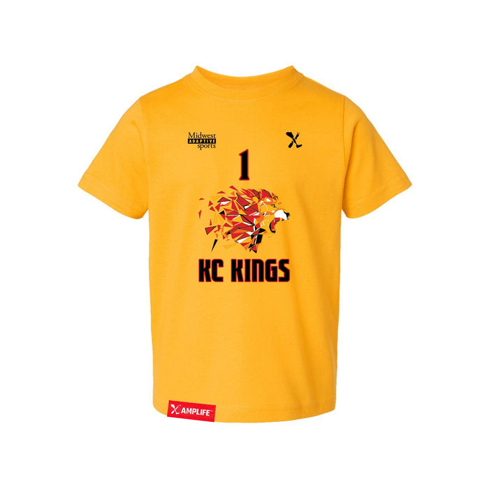Front angle of the William Taylor MAS Kansas City Kings Wheelchair Basketball Amplife Toddler Gold T-Shirt against a white background