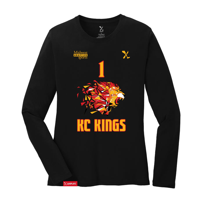 Front angle of the William Taylor MAS Kansas City Kings Wheelchair Basketball Amplife Women's Black Long Sleeve T-Shirt against a white background
