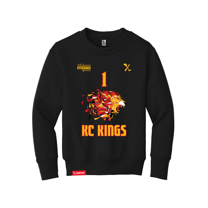 Front angle of the William Taylor MAS Kansas City Kings Wheelchair Basketball Amplife Youth Black Crewneck Sweatshirt against a white background