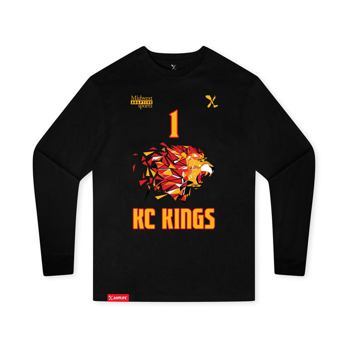 Front angle of the William Taylor MAS Kansas City Kings Wheelchair Basketball Amplife Youth Black Long Sleeve T-Shirt against a white background