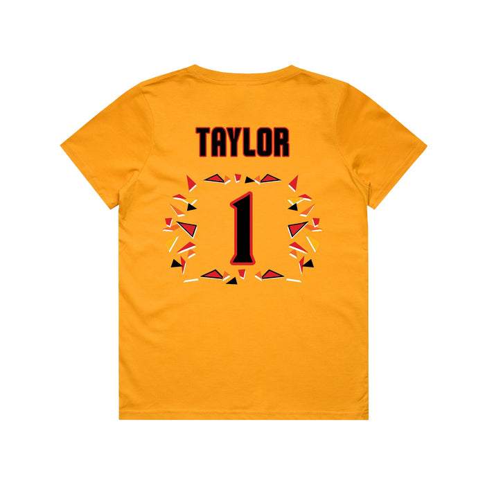 Back angle of the William Taylor MAS Kansas City Kings Wheelchair Basketball Amplife Youth Gold T-Shirt against a white background