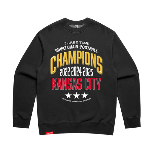 MAS Kansas City Wheelchair Football Three-Time Champions Faded Black Modern Crewneck Sweatshirt on a white background