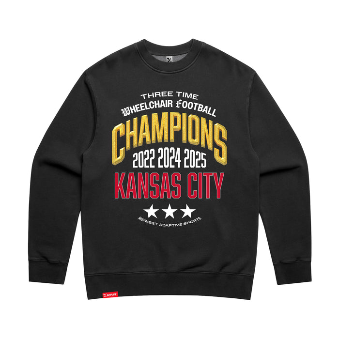 MAS Kansas City Wheelchair Football Three-Time Champions Faded Black Modern Crewneck Sweatshirt on a white background