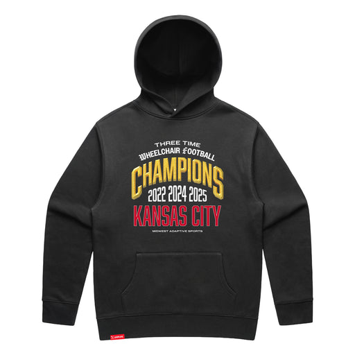MAS Kansas City Wheelchair Football Three-Time Champions Faded Black Modern Hoodie on a white background