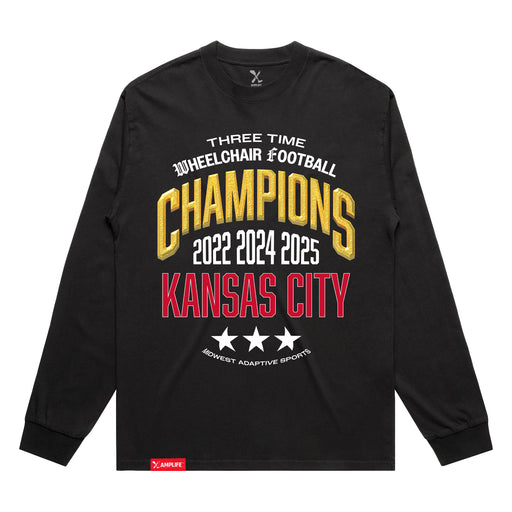 MAS Kansas City Wheelchair Football Three-Time Champions Faded Black Heavy Long Sleeve T-Shirt on a white background