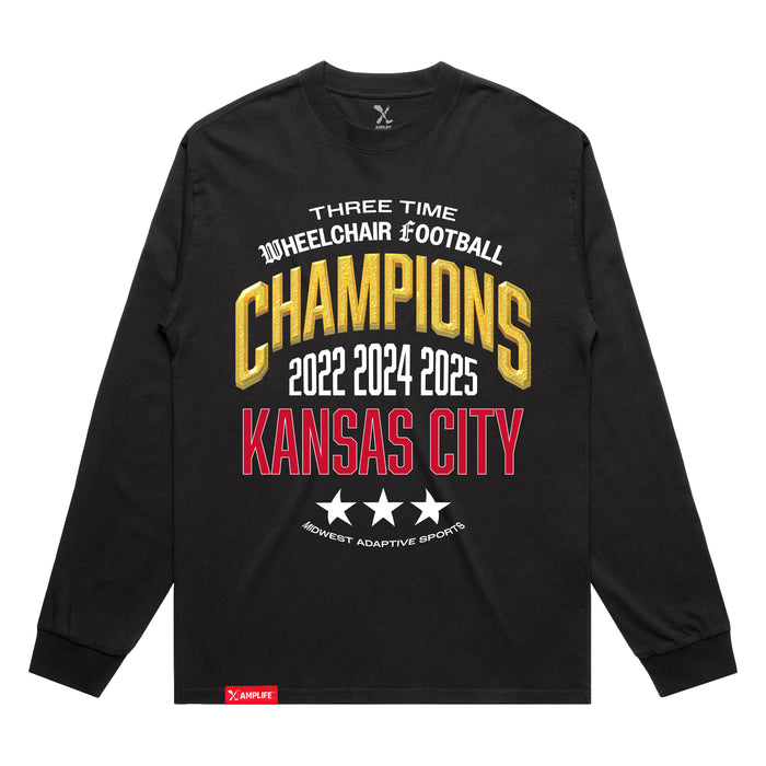 MAS Kansas City Wheelchair Football Three-Time Champions Faded Black Heavy Long Sleeve T-Shirt on a white background