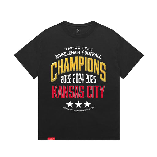MAS Kansas City Wheelchair Football Three-Time Champions Faded Black Heavy T-Shirt on a white background
