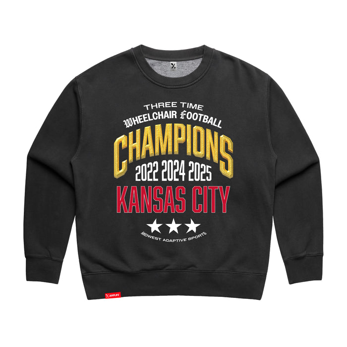 MAS Kansas City Wheelchair Football Three-Time Champions Women's Faded Black Modern Crewneck Sweatshirt on a white background