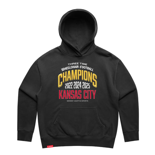 MAS Kansas City Wheelchair Football Three-Time Champions Women's Faded Black Modern Hoodie on a white background