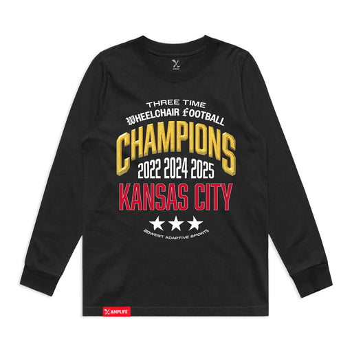 MAS Kansas City Wheelchair Football Three-Time Champions Women's Faded Black Heavy Long Sleeve T-Shirt on a white background