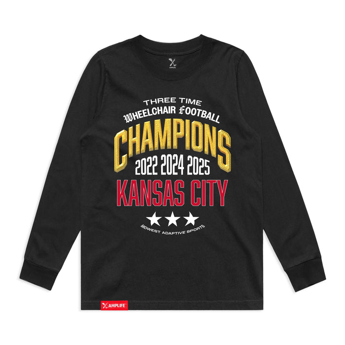 MAS Kansas City Wheelchair Football Three-Time Champions Women's Faded Black Heavy Long Sleeve T-Shirt on a white background