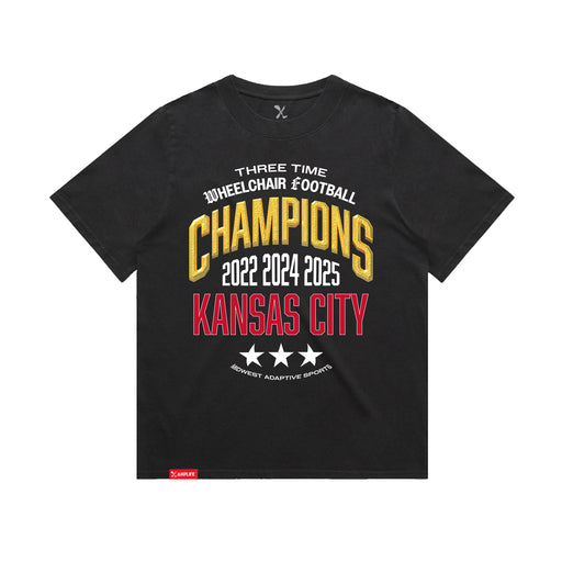 MAS Kansas City Wheelchair Football Three-Time Champions Women's Faded Black Heavy T-Shirt on a white background