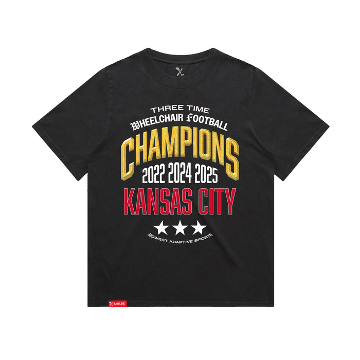 MAS Kansas City Wheelchair Football Three-Time Champions Women's Faded Black Heavy T-Shirt on a white background