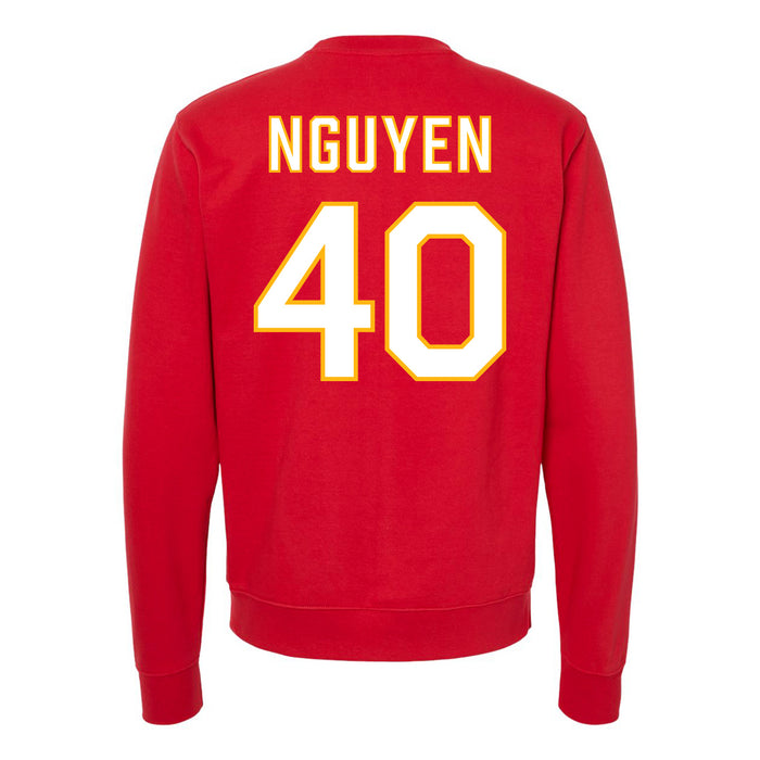 Back angle of the Alex Nguyen MAS Kansas City Wheelchair Football Amplife Red Crewneck Sweatshirt against a white background