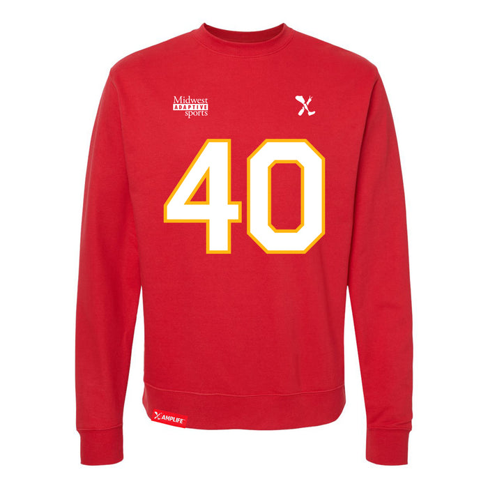 Front angle of the Alex Nguyen MAS Kansas City Wheelchair Football Amplife Red Crewneck Sweatshirt against a white background