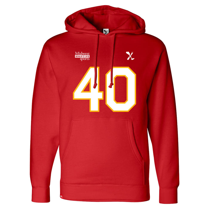 Front angle of the Alex Nguyen MAS Kansas City Wheelchair Football Amplife Red Hoodie against a white background