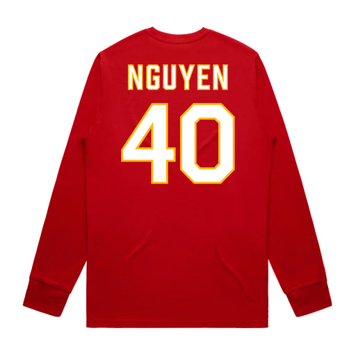 Back angle of the Alex Nguyen MAS Kansas City Wheelchair Football Amplife Red Long Sleeve T-Shirt against a white background