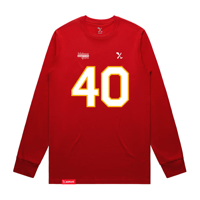 Front angle of the Alex Nguyen MAS Kansas City Wheelchair Football Amplife Red Long Sleeve T-Shirt against a white background