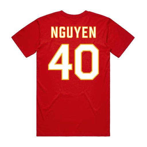 Back angle of the Alex Nguyen MAS Kansas City Wheelchair Football Amplife Red T-Shirt against a white background