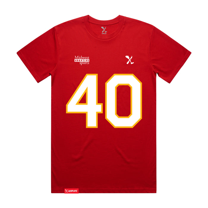 Front angle of the Alex Nguyen MAS Kansas City Wheelchair Football Amplife Red T-Shirt against a white background
