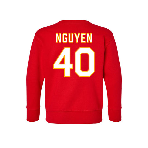 Back angle of the Alex Nguyen MAS Kansas City Wheelchair Football Amplife Toddler Red Crewneck Sweatshirt against a white background