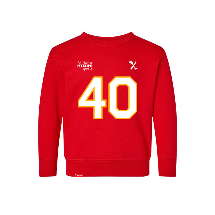Front angle of the Alex Nguyen MAS Kansas City Wheelchair Football Amplife Toddler Red Crewneck Sweatshirt against a white background