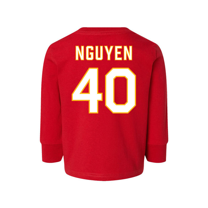Back angle of the Alex Nguyen MAS Kansas City Wheelchair Football Amplife Toddler Red Long Sleeve T-Shirt against a white background