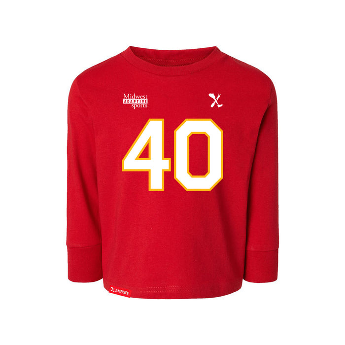 Front angle of the Alex Nguyen MAS Kansas City Wheelchair Football Amplife Toddler Red Long Sleeve T-Shirt against a white background