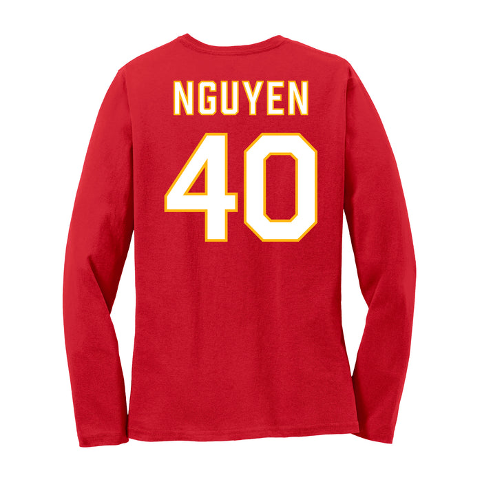 Back angle of the Alex Nguyen MAS Kansas City Wheelchair Football Amplife Women's Red Long Sleeve T-Shirt against a white background