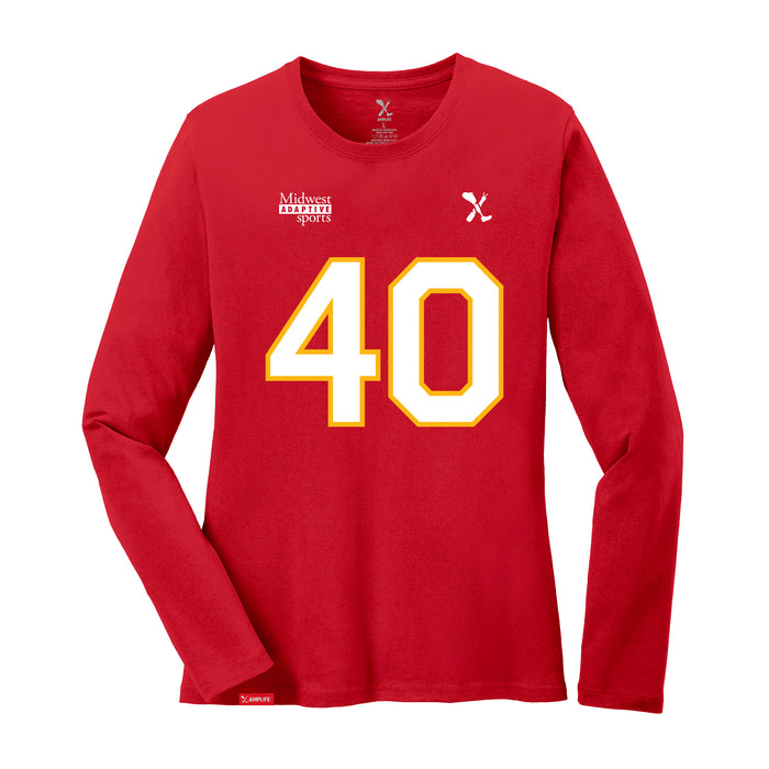 Front angle of the Alex Nguyen MAS Kansas City Wheelchair Football Amplife Women's Red Long Sleeve T-Shirt against a white background
