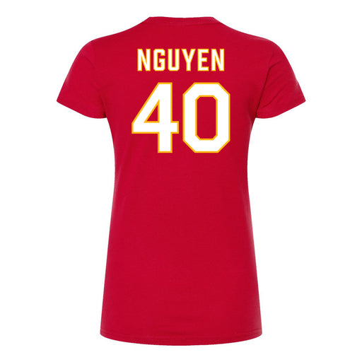 Back angle of the Alex Nguyen MAS Kansas City Wheelchair Football Amplife Women's Red Slim T-Shirt against a white background