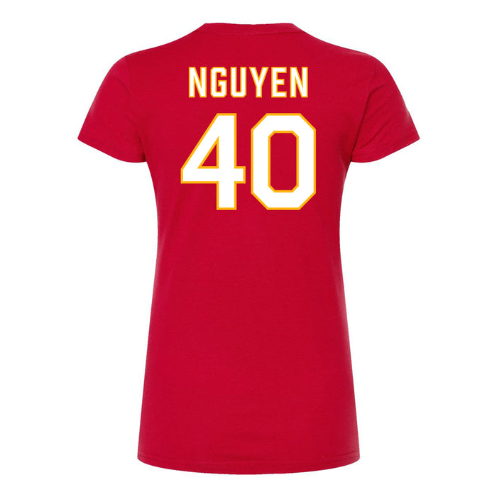 Back angle of the Alex Nguyen MAS Kansas City Wheelchair Football Amplife Women's Red Slim T-Shirt against a white background