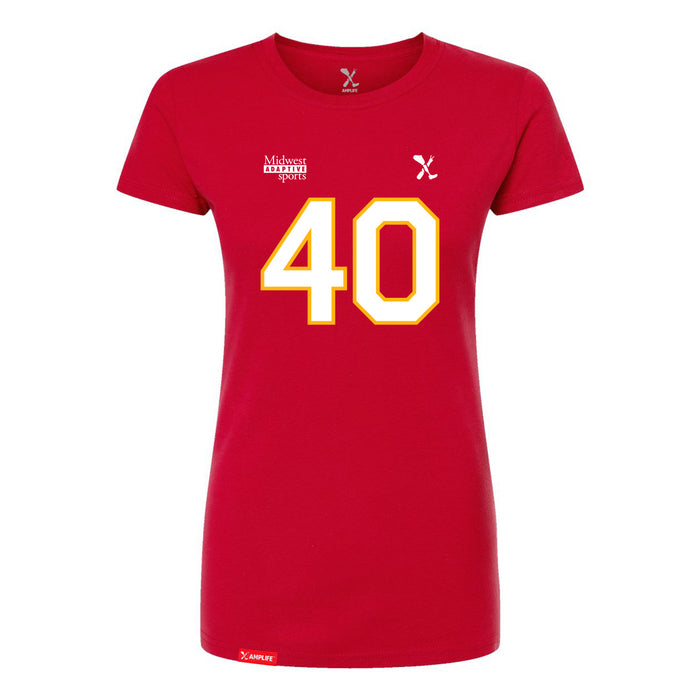 Front angle of the Alex Nguyen MAS Kansas City Wheelchair Football Amplife Women's Red Slim T-Shirt against a white background