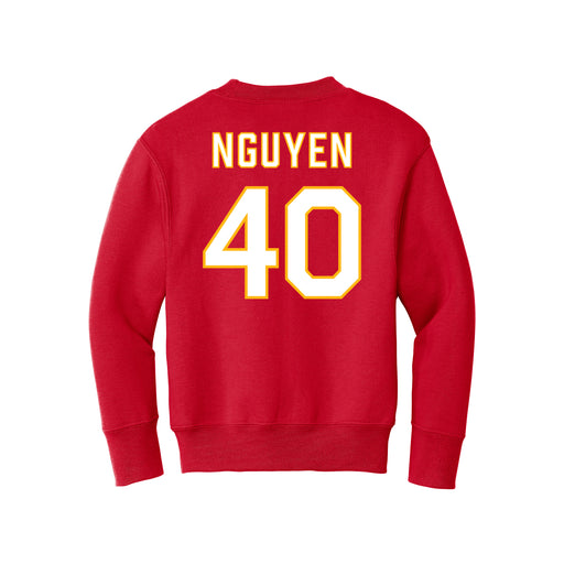 Back angle of the Alex Nguyen MAS Kansas City Wheelchair Football Amplife Youth Red Crewneck Sweatshirt against a white background