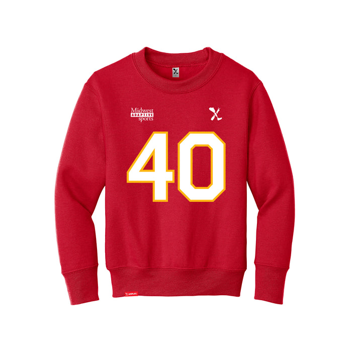 Front angle of the Alex Nguyen MAS Kansas City Wheelchair Football Amplife Youth Red Crewneck Sweatshirt against a white background