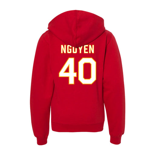 Back angle of the Alex Nguyen MAS Kansas City Wheelchair Football Amplife Youth Red Hoodie against a white background