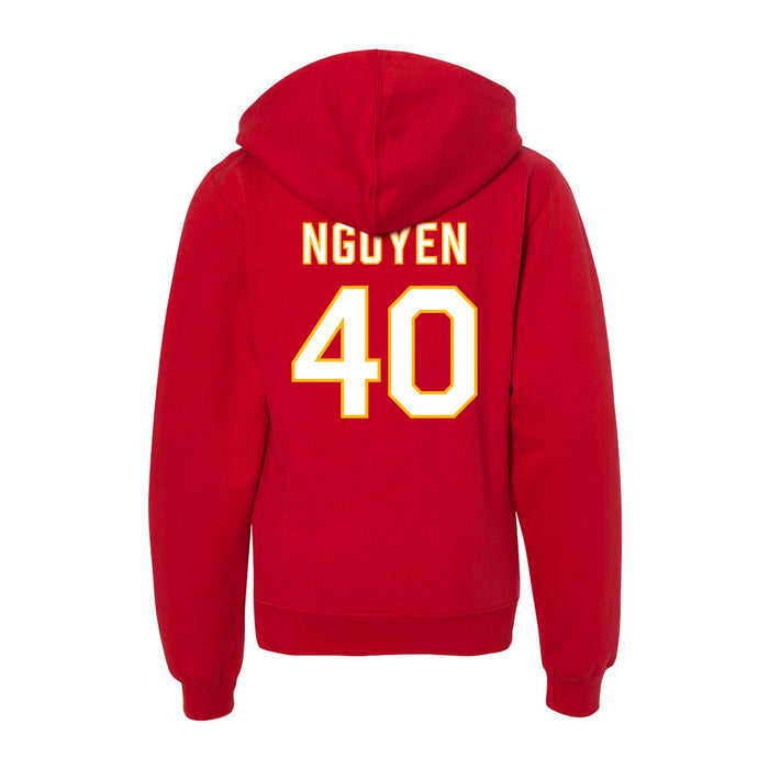 Back angle of the Alex Nguyen MAS Kansas City Wheelchair Football Amplife Youth Red Hoodie against a white background