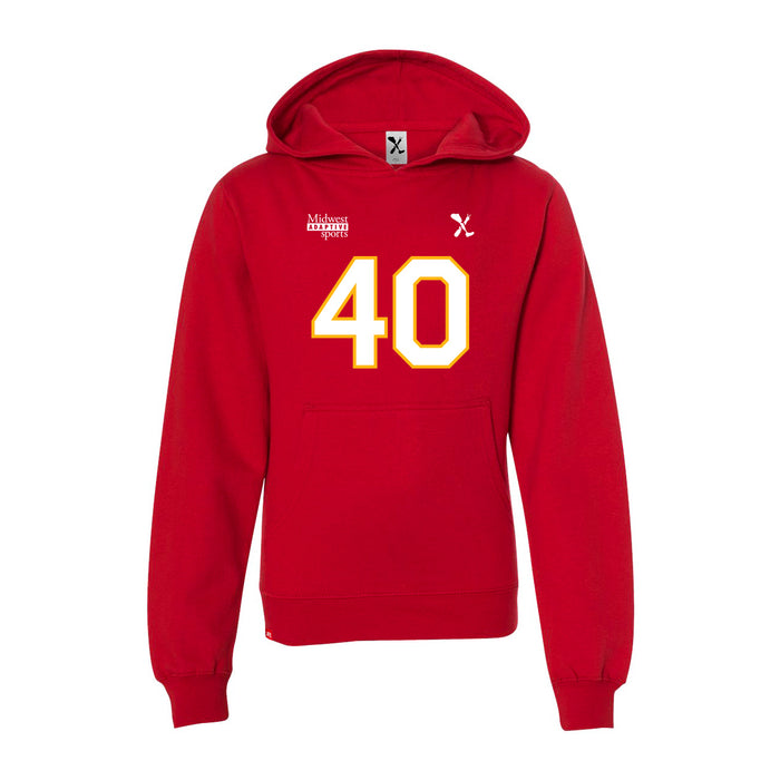 Front angle of the Alex Nguyen MAS Kansas City Wheelchair Football Amplife Youth Red Hoodie against a white background