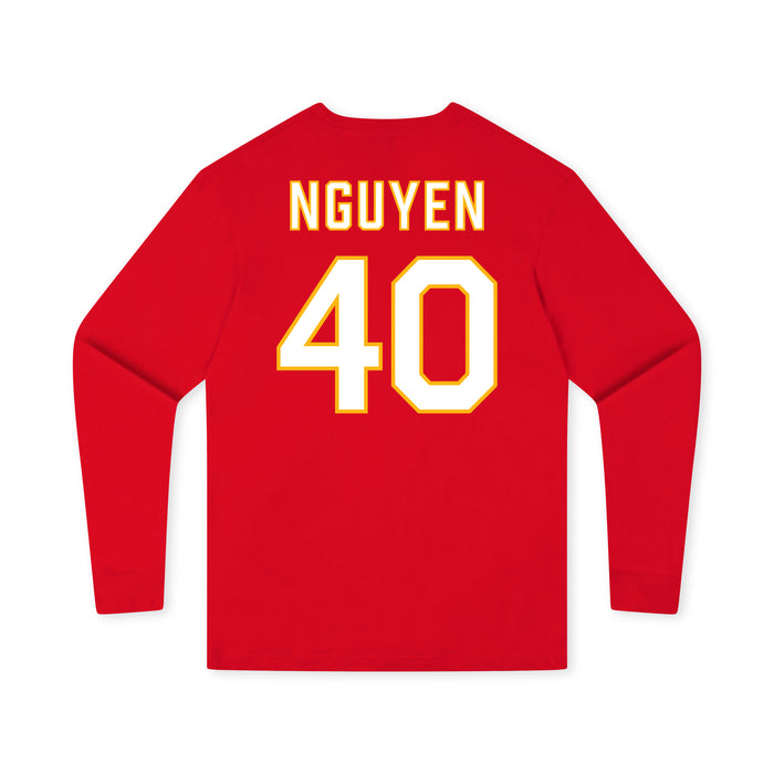 Back angle of the Alex Nguyen MAS Kansas City Wheelchair Football Amplife Youth Red Long Sleeve T-Shirt against a white background