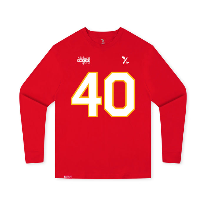 Front angle of the Alex Nguyen MAS Kansas City Wheelchair Football Amplife Youth Red Long Sleeve T-Shirt against a white background