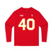 Front angle of the Alex Nguyen MAS Kansas City Wheelchair Football Amplife Youth Red Long Sleeve T-Shirt against a white background