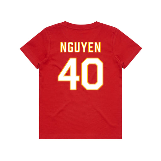 Back angle of the Alex Nguyen MAS Kansas City Wheelchair Football Amplife Youth Red T-Shirt against a white background