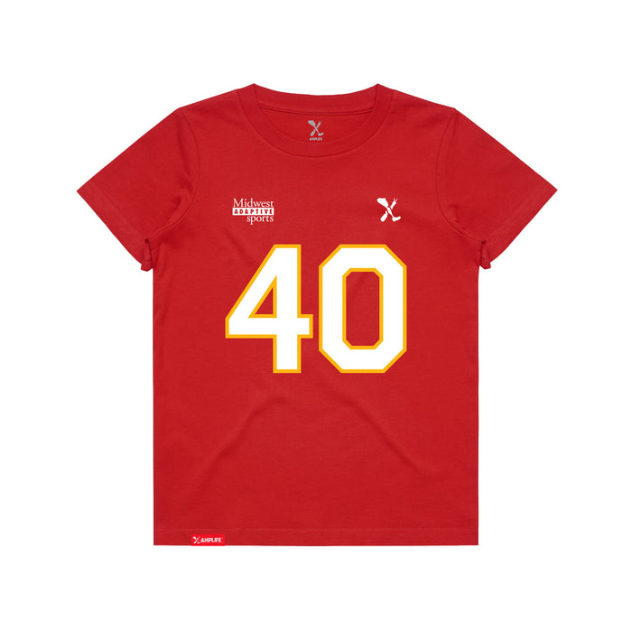 Front angle of the Alex Nguyen MAS Kansas City Wheelchair Football Amplife Youth Red T-Shirt against a white background