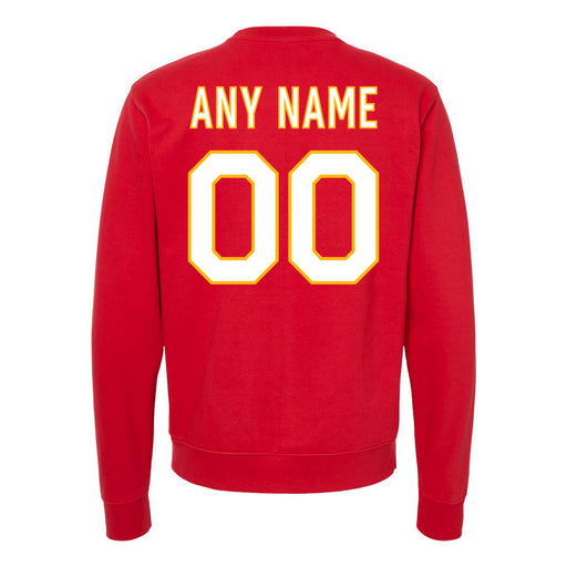 Back angle of the MAS Kansas City Wheelchair Football Amplife Customizable Red Crewneck Sweatshirt against a white background