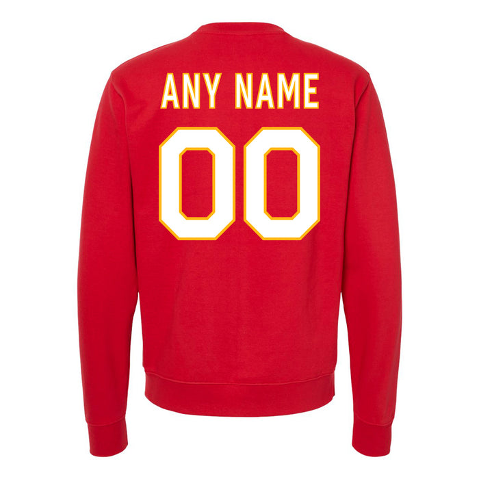 Back angle of the MAS Kansas City Wheelchair Football Amplife Customizable Red Crewneck Sweatshirt against a white background