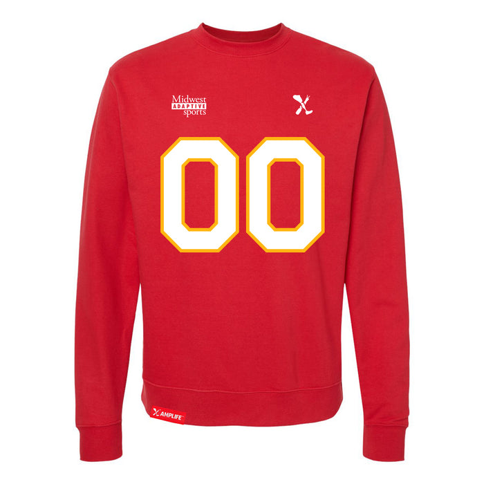 Front angle of the MAS Kansas City Wheelchair Football Amplife Customizable Red Crewneck Sweatshirt against a white background