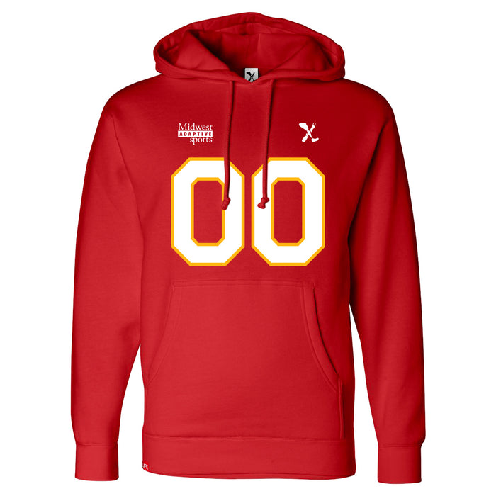 Front angle of the MAS Kansas City Wheelchair Football Amplife Customizable Red Hoodie against a white background