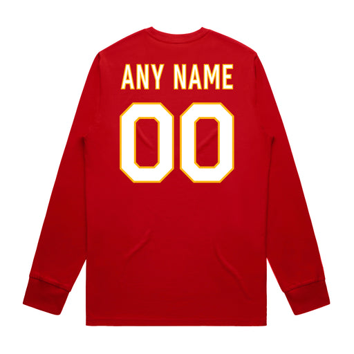 Back angle of the MAS Kansas City Wheelchair Football Amplife Customizable Red Long Sleeve T-Shirt against a white background