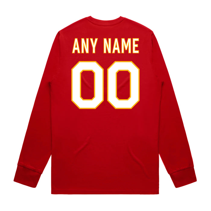 Back angle of the MAS Kansas City Wheelchair Football Amplife Customizable Red Long Sleeve T-Shirt against a white background