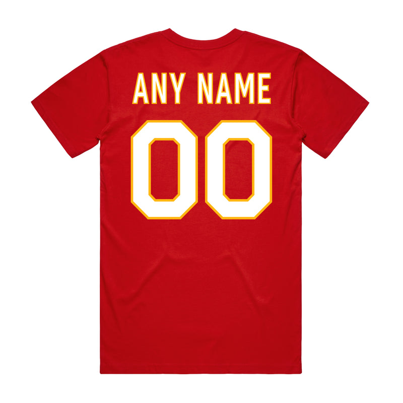 Back angle of the MAS Kansas City Wheelchair Football Amplife Customizable Red T-Shirt against a white background